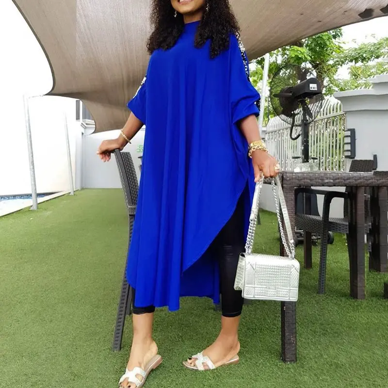 

Casual Plus Size Dress Women Loose Sequin Fashion Red Street Spring Autumn Basic Batwing Sleeve Blue African Ladies Midi Dresses