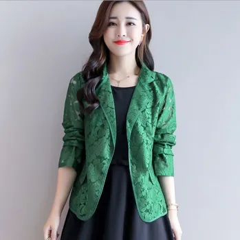 

Brown Green Pink Blazer Women Summer Floral Lace Blazer Woman Hollow Out Transparent Long Sleeve Womens Slim Short Blazer