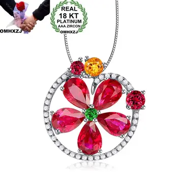 

OMHXZJ Wholesale European Fashion Woman Girl Party Wedding Gift Flower Ruby Zircon 18KT White Gold Necklace Pendant Charm CA217