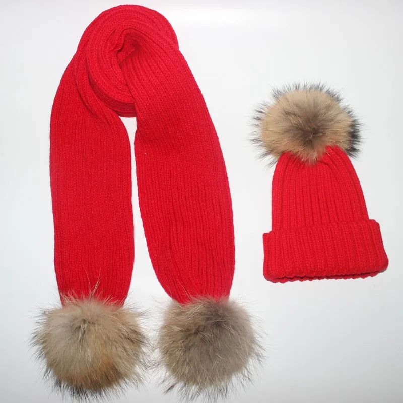 Женский вязаный 180 см длинный шарф и шапка набор роскошный зимний теплый вязанный шапки и шарфы с настоящим мехом шапка с помпоном для женщин