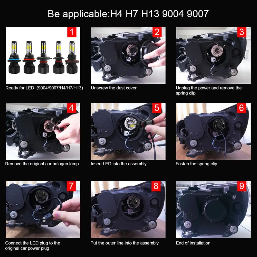 2 шт. 9004/HB1 9007/HB5 9005/HB3/H10 9006/HB4 H4/HB2/9003 H7 H8/H9/H11 H13/9008 12V S2 светодиодный фар лампа