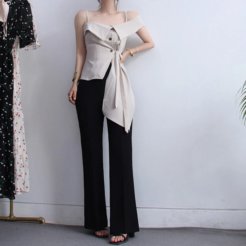 

New Fashion Women Shirts Slash necklt Spaghetti Strap Irregular Brim Design Feeling Small Blouse Shirt Khaki Black 6689