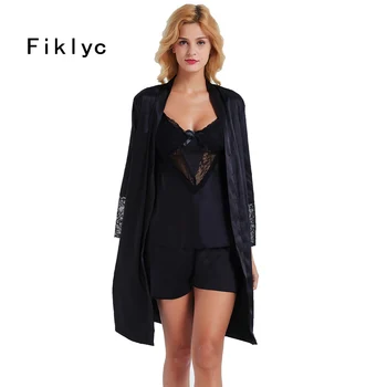 

Fiklyc brand women's sexy V-neck three-pieces bathrobe + pajamas sets luxury hollow out lace & satin patchwork pyjamas sets HOT