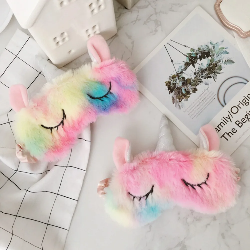 Kawaii licorne masque pour les yeux dessin animé masque de couchage doux en peluche oeil ombre couverture yeux bandés adapté pour voyage maison enfants cadeaux