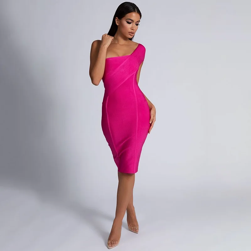 Ярко розовый одно плечо бинты Bodycon платье Новинка года пикантные облегающие зауженный крой, для вечеринки - Цвет: Hot Pink