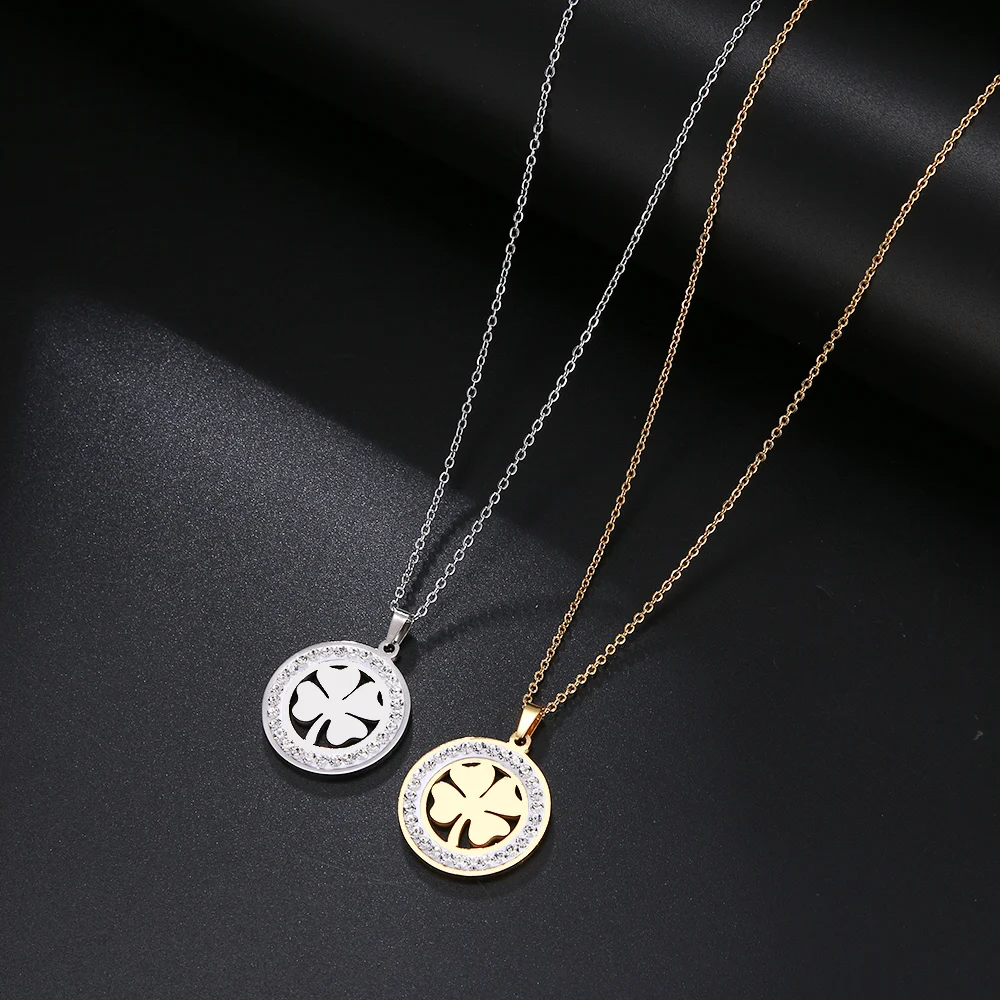 Cacana Stainless Steel Crystal Round Pendants Necklace Women Jewelry Clover Trendy Necklaces Donot Fade Valentine`s Day Gift (6)