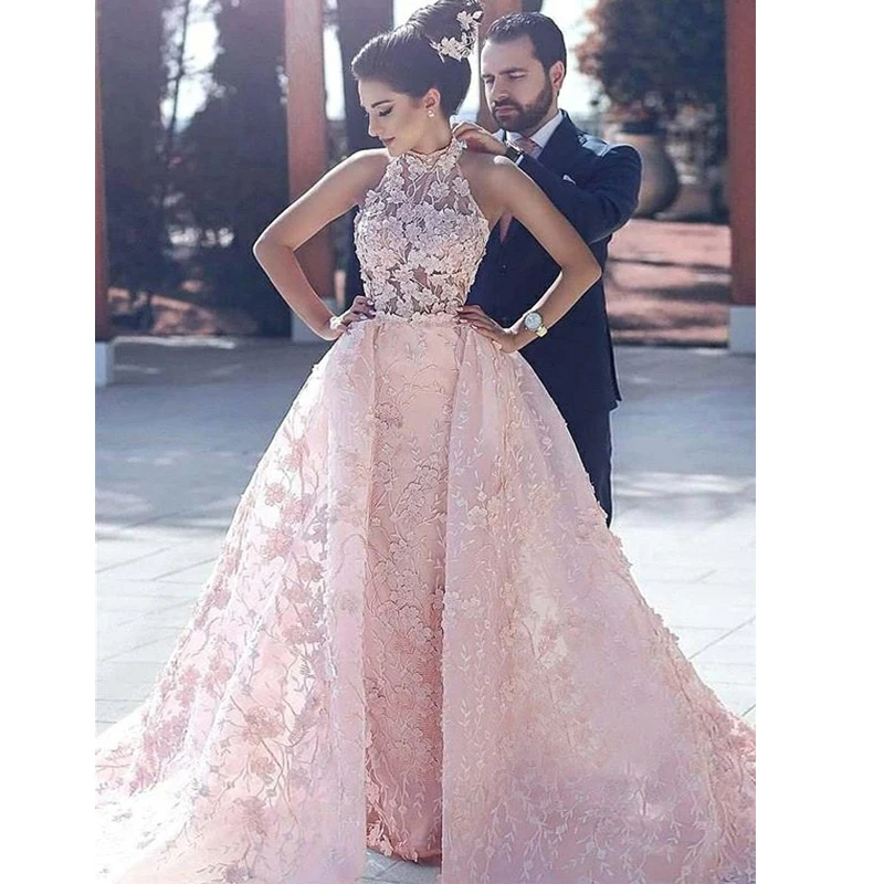 Custom Made Women Wedding Party Dress Halter Sleeveles Flowers Lace Formal Evening Dress Long Train Vestidos de Fiesta