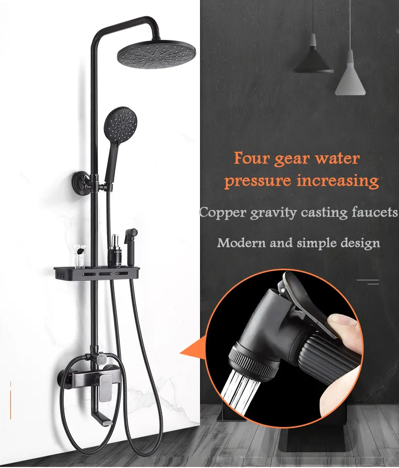 LTENG matt black shower set system copper shower set with hand spray