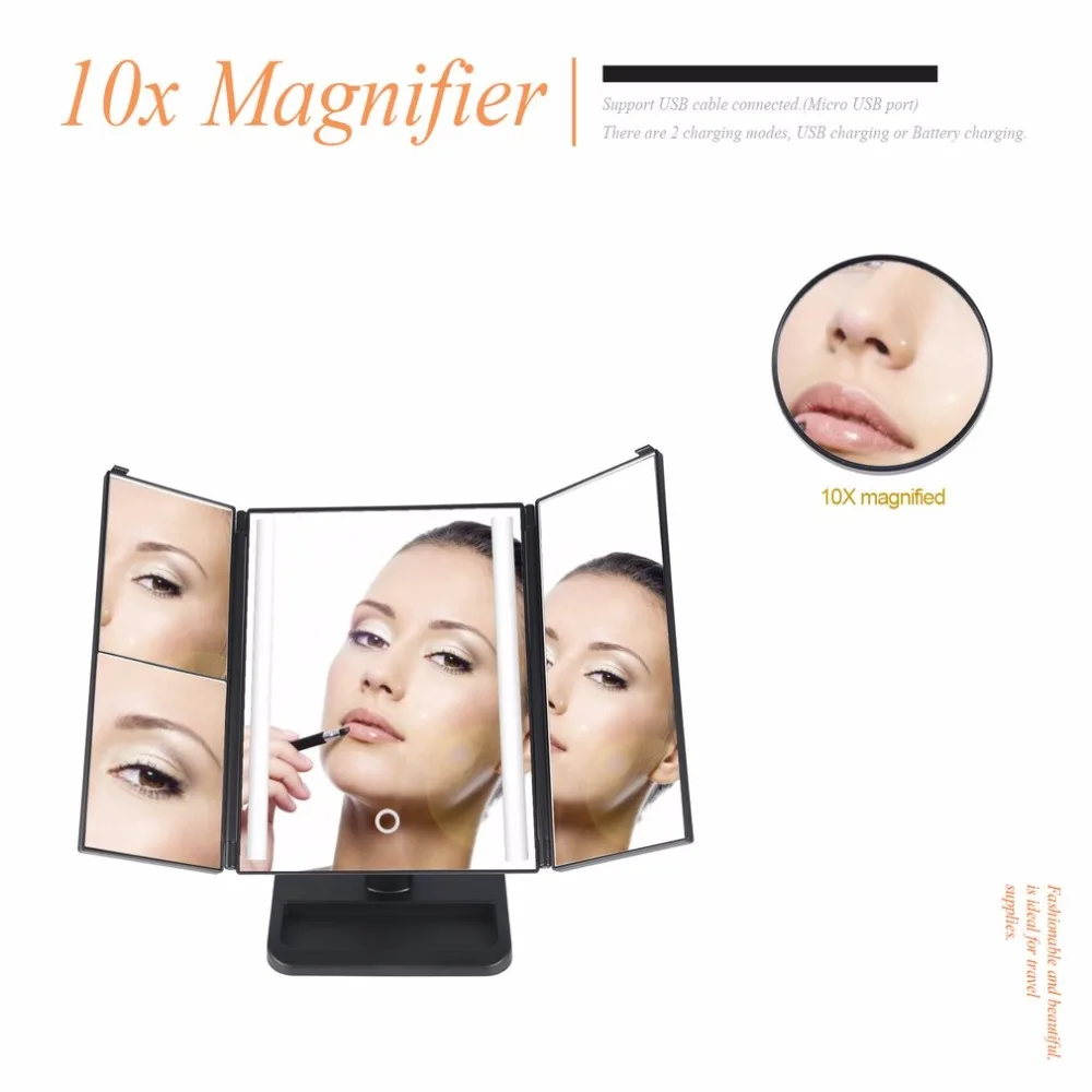 

LED Light 3-folding Makeup Mirror Touch Screen 1X/2X/3X Desktop Magnifying Mirror with Compact 10X Magnifier Mirror MR-L3013A