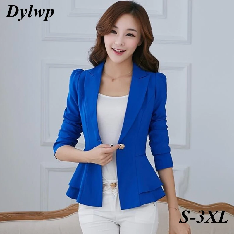 Reviews Ladies Gold Button Blazer Spring Autumn Plus Size 3XL Ruffle Slim Jackets Women Fashion Black Yellow White Single Buckle Suits