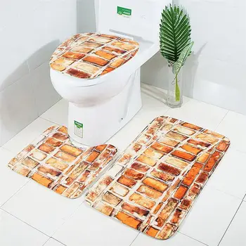 

Soft Print Bathroom Old Brick Wall Bath Mat Set Mildew Proof Non-slip Bath Mat U-Shaped Toilet Mat Toilet Lid Cover