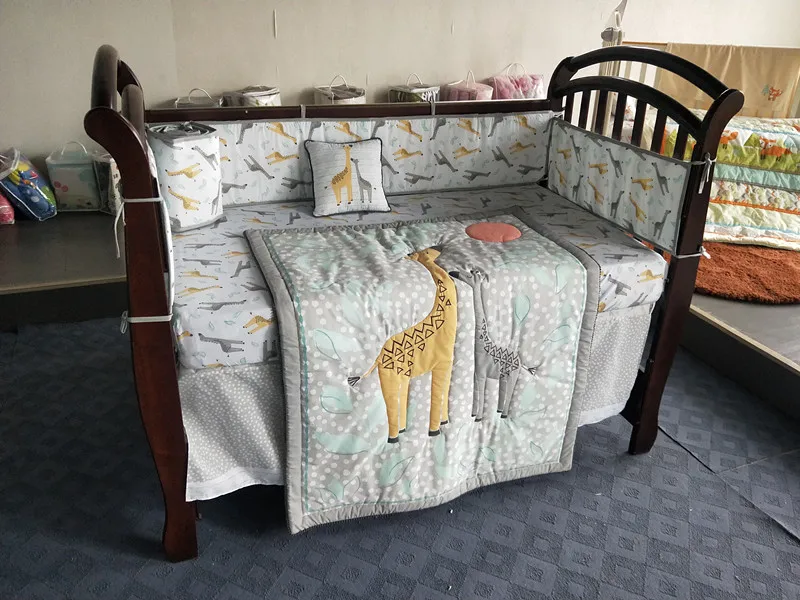 

Promotion! 8PCS 100% Cotton Baby Quilt Nursery Cot Crib Bedding Set Baby Bed Set (4bumper+bed cover+bed skirt+duvet+pillow)