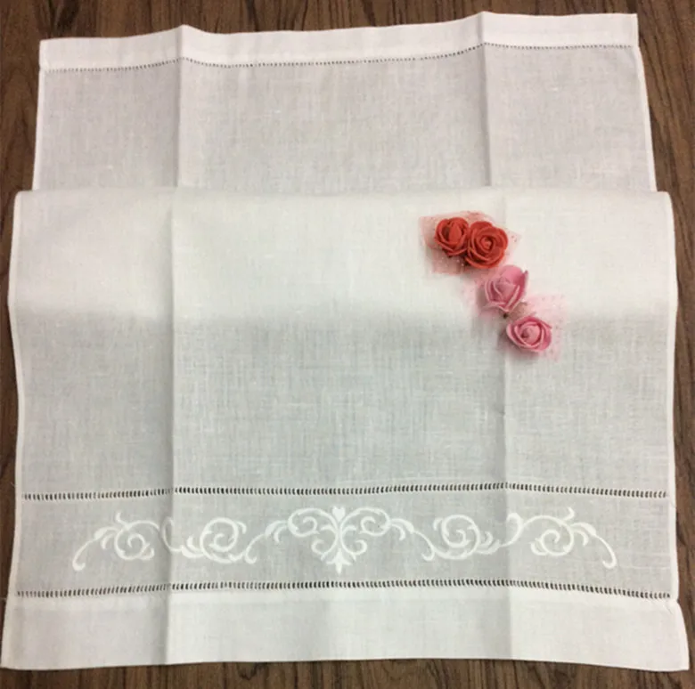 

12 PCS Handkerchief White Hemstitch Linen Tea Towel Cloth Guest Hand Dish Kitchen Bathroom Towel with Embroidered Floral 14"x22"
