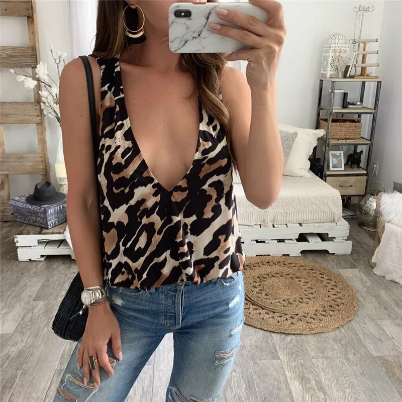 2019 Sexy Women Fashion Summer Leopard Deep V-Neck Tanks Tops Vest Blouse Off Shoulder Casual Crop Cami Camisole Bandeau T-Shirt | Женская