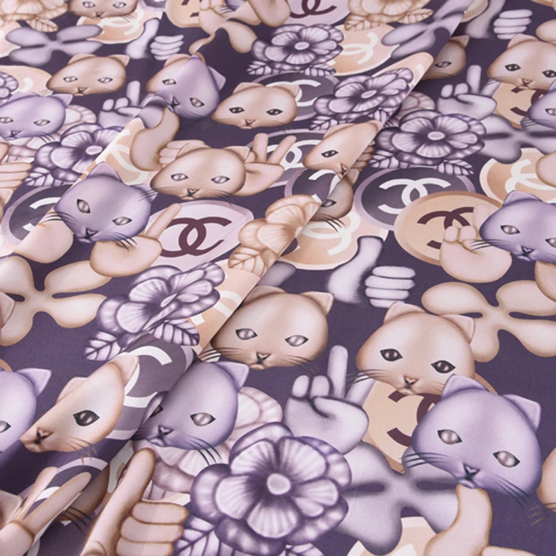 

140CM Wide 17MM Cute Fox Print Soft Light Purple Silk Crepe Plain Silk Satin Fabric for Summer Dress Shirt Scarf H032