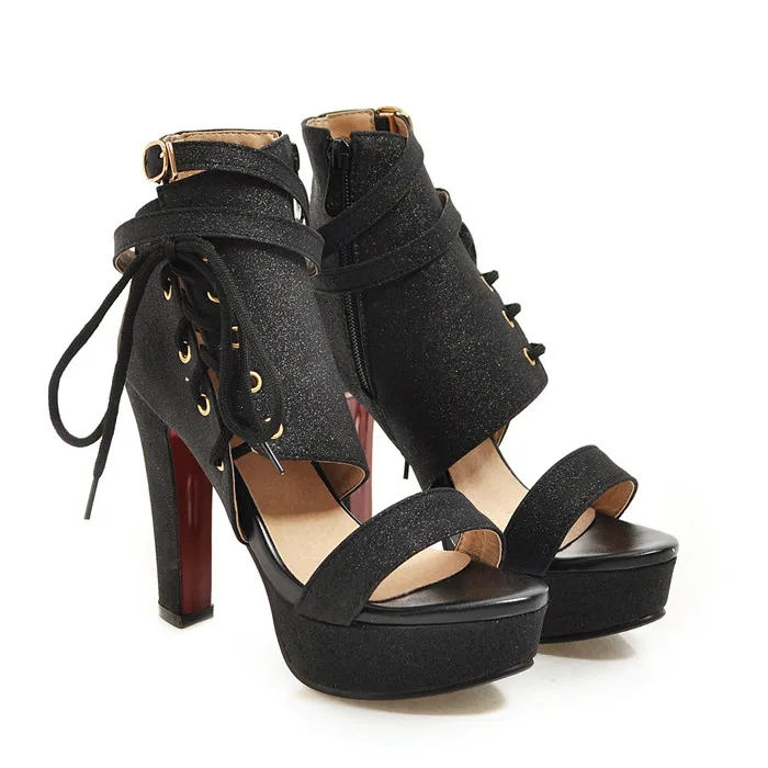 Meotina/летние сандалии-гладиаторы женская обувь блестящие туфли на платформе и высоком каблуке-шпильке босоножки с перекрестной шнуровкой и пряжкой золотистые Большие размеры 3-12 - Цвет: Черный