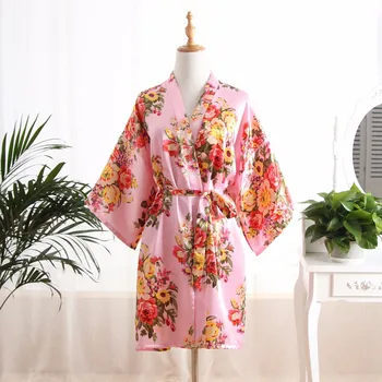 

Silk Satin Wedding Bride Bridesmaid Robe Floral Peony Bathrobe Short Kimono Robe Night Bath Robe Fashion Dressing Gown For Women