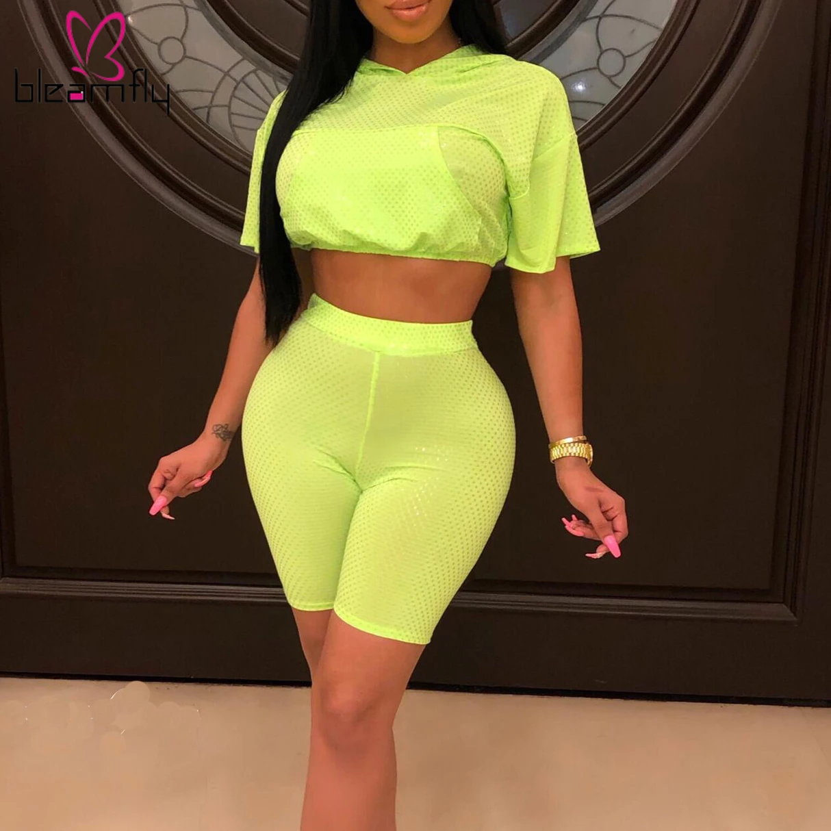 

Neon Green Sexy 2 Piece Matching Set Women O Neck Short Sleeve Crop Top+ Biker Shorts Suits See Through Two Piece Beach Outfits