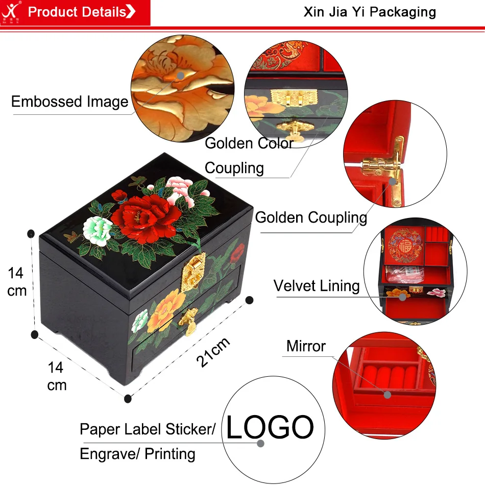 Деревянной лакированной посуды 21*14*8 см китайский классический, ручной работы черная коробка вышивка пион 2 слоя шкатулка