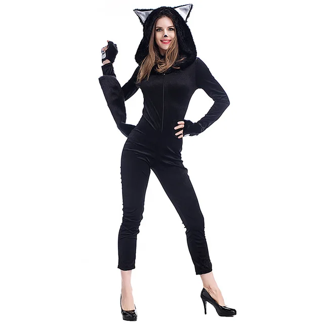 New Arrival Black Cat Jumpsuit Halloween Costume for Woman Adult Animal
