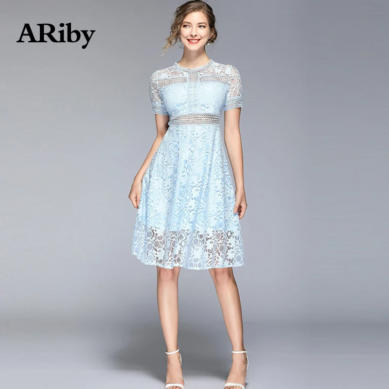 Women Dresses 2019 Summer New Fashion Office Lady Elegant Lace Hollow Out Solid Blue Short Sleeve Slimming O-Neck A-Line Dress
