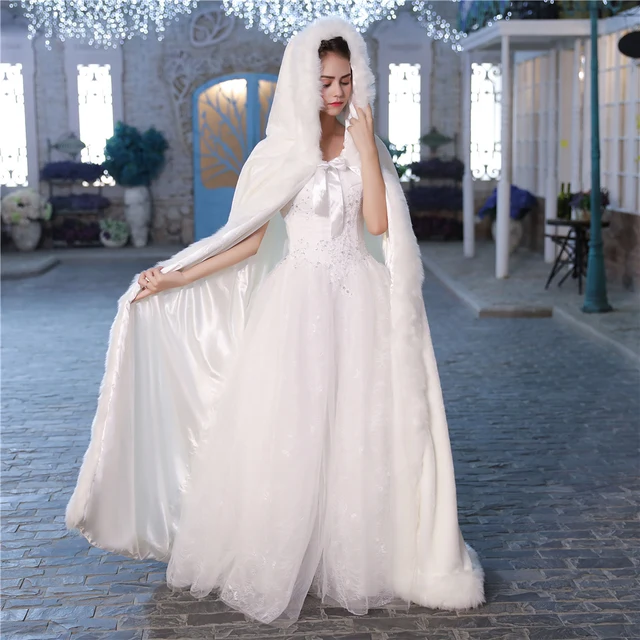 Reviews Winter Princess Cloak Hooded Faux Fur White Bridal Wedding Long Cape Floor Warm Fur Women Jacket Cloaks for Halloween Handmade