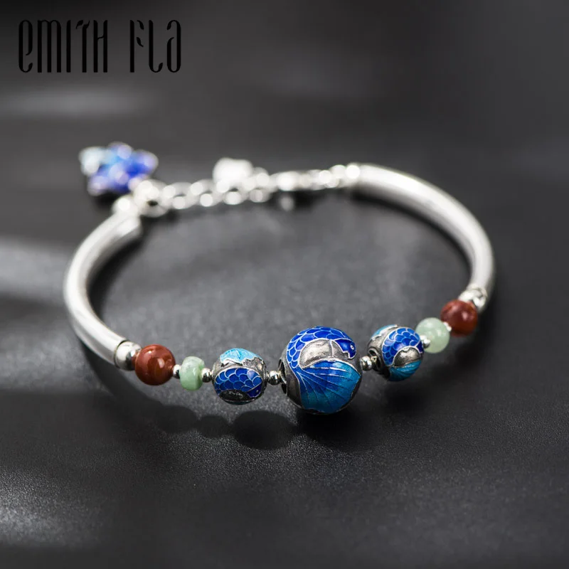 

925 Sterling Silver Chinese Style Original Bangle Female Fish Cloisonne Bracelet Fashion Jewelry for Women Bracelets Resize