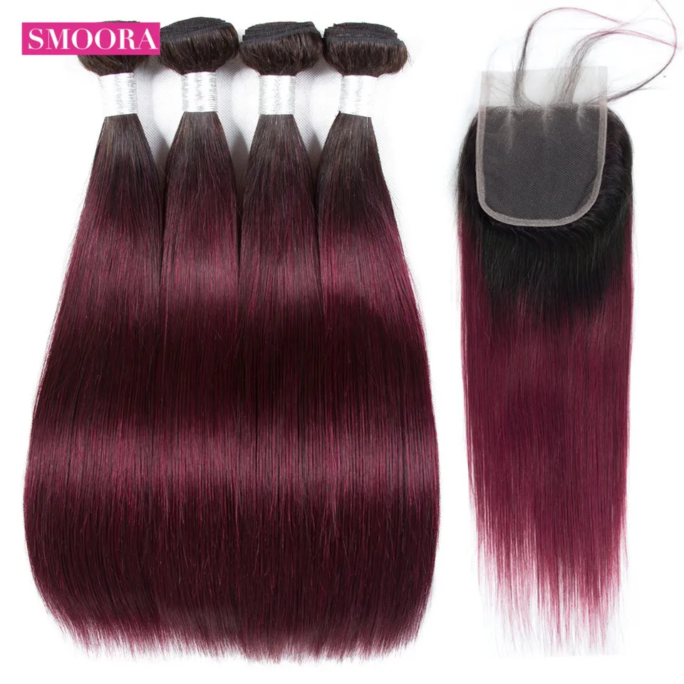 

Smoora 1B/99J Dark Roots Ombre Brazilian Hair Straight 4 Bundles With Closure Ombre Human Hair Bundles With Lace Closure NonRemy