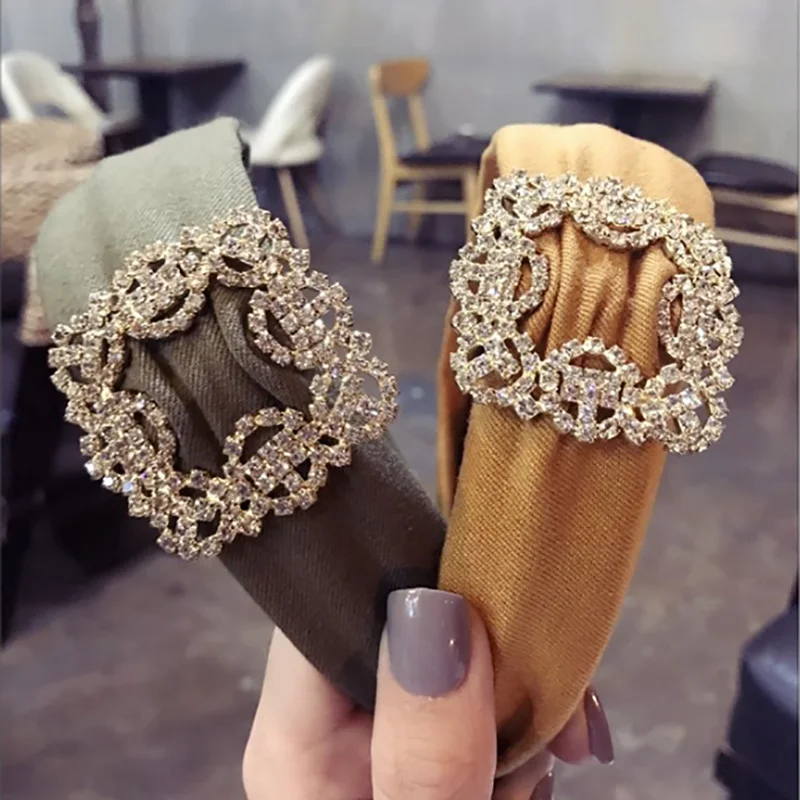 NEW 1PC Women Crystal Ribbon Retro Headband Sweet Girls Wide Hairband Square Diamond Hair Accessories