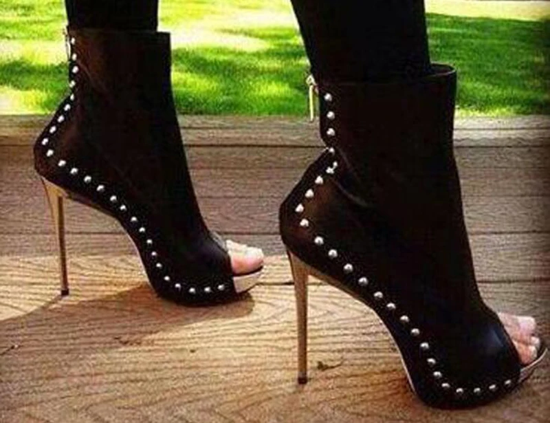 

Women Black Peep Toe Ankle Strap Boots Spring Autumn Ankle Sliver Metel Rivet High Heel Stiletto Short Boots Sexy Ladies Boots