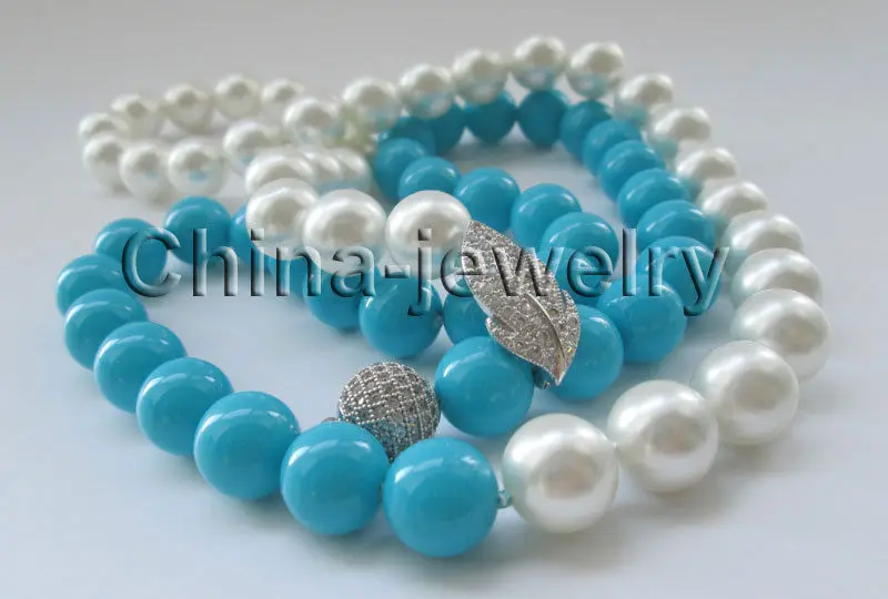 

Wholesale FREE SHIPPING > 33" 12mm round white & blue ( turquoise color ) south sea shell pearl necklace