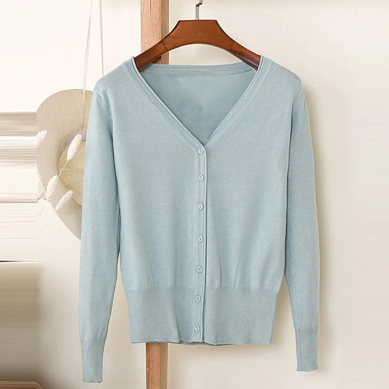 Осенний женский свободный свитер ярких цветов с v-образным вырезом и длинным рукавом, короткий свитер, рубашка, женский весенний тонкий вязаный кардиган K176 - Цвет: Gray blue