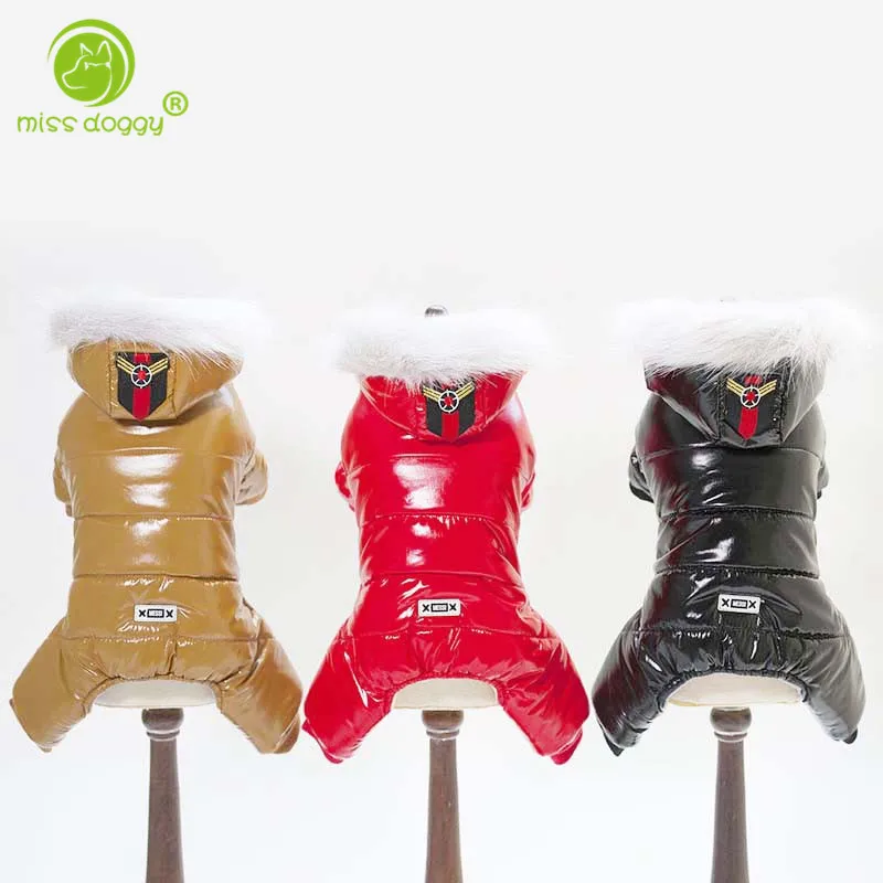 

High Quality PU Leather Windproof Pet Dog Jumpsuit Winter Waterproof Warm Overalls for Small Dogs Comfortable Fur Collar Costume
