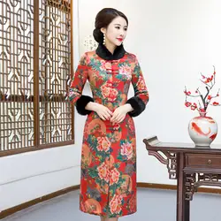 Зимняя длинная куртка Cheongsam винтаж китайский стиль воротник стойка платье 2019 женские Qipao пальто Тонкий платья для женщин Vestido L-4XL