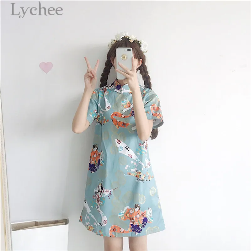 Личи Харадзюку характер cheongsam платье с коротким рукавом платья свободные сладкое