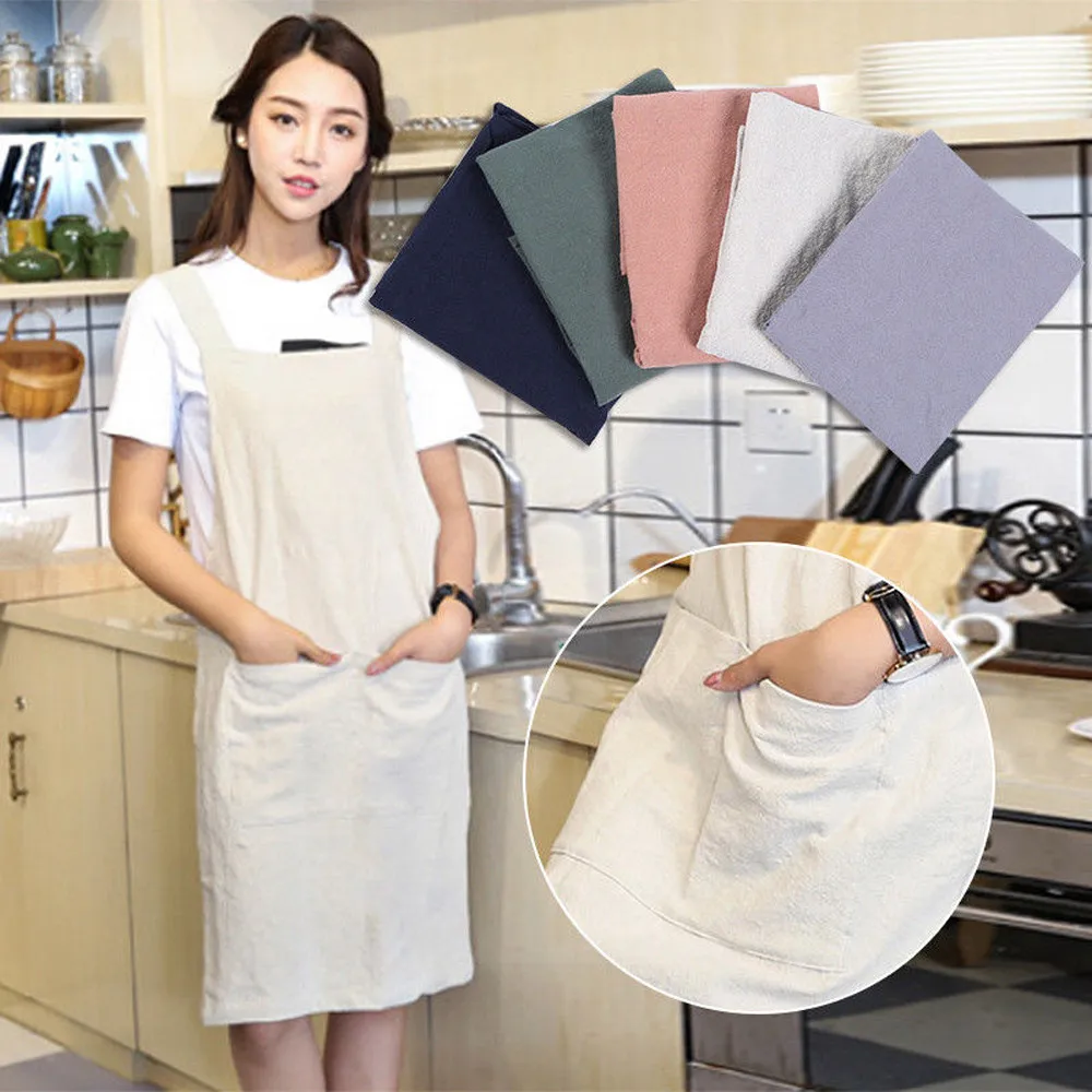Women Cotton Linen Cross Back Apron Japanese Housework Kitchen Wrap