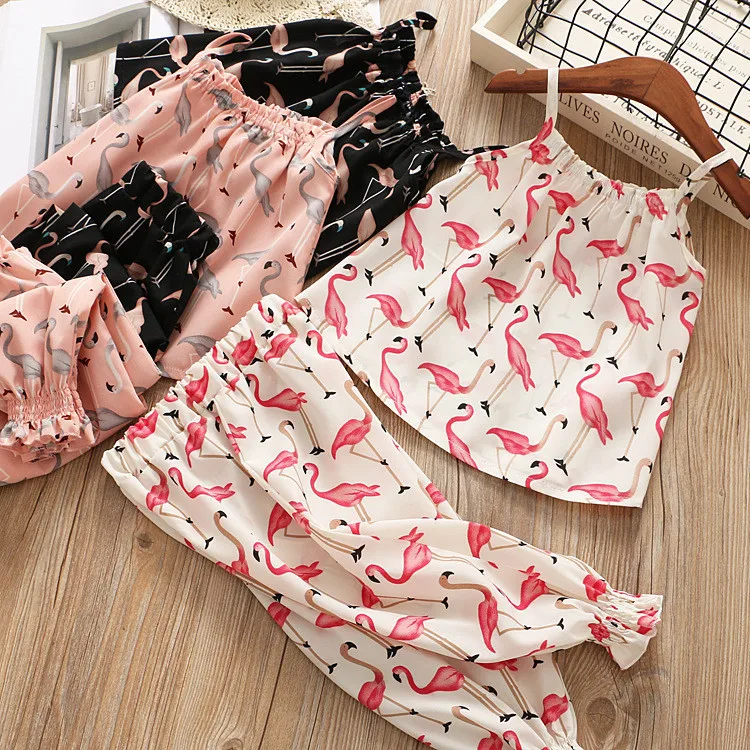 

New Brand Girls Sumemr Clothes Set Flamingos Printed Chiffon Clothing Suit for Kids Baby 2 Pcs Outfits
