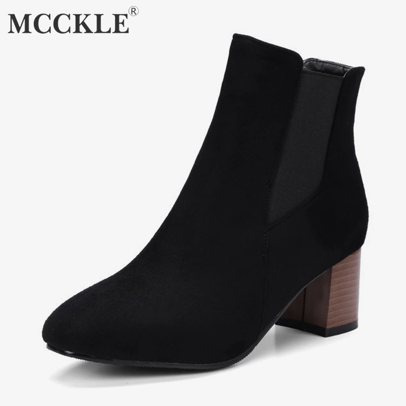 

MCCKLE Plus Size Autumn Women Ankle Boots Warm Chelsea Boot For Ladies Slip on High Heel Shoes Elastic Band Casual Short Botas