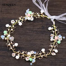 Красочные цветы на голову цепь с кристальным жемчугом Золотая ветка свадебный пояс для головы ободок для свадьбы SQ0270