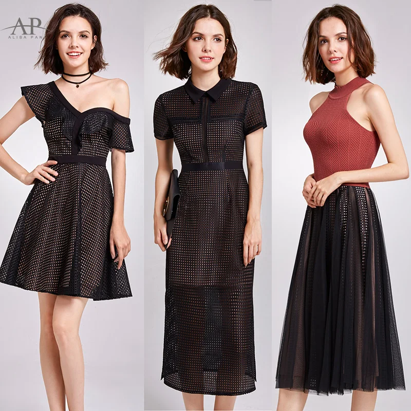 

Women 2017 Autumn Winter Black Long Mesh Dresses Short Sleeve Hollow Out Perspective Polo Callor Spring Alisa Pan Dress AS07169
