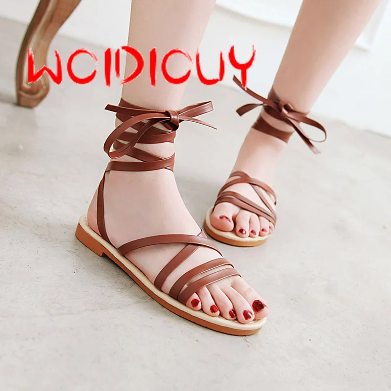 

Casual Shoes Wome Lace up Flat Heel Cross Tied Sandals Handmade Gladiator Sandals Rome Female Flat Sandals Beach Shoes