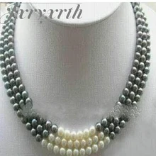 3 ряда 7-8 мм черный, белый цвет натуральный жемчуг Цепочки и ожерелья