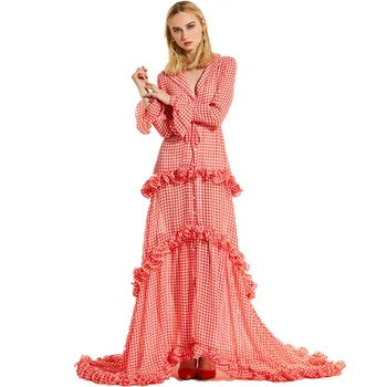 

160cm Fashion female retro Cascading Ruffle Dress Loose Women's single breasted plaid longer cake style Dresses wq1592 dropship