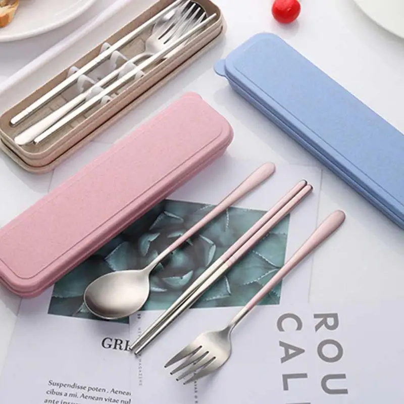 

New Stainless Steel Portable Cutlery Three-Piece Set Student Portable Set Net Bag Travel Outdoor Fork Spoon Chopsticks Gift Box