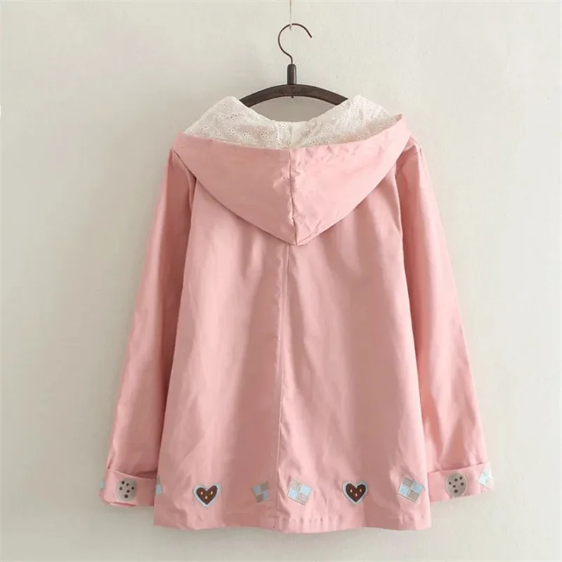 MERRY PRETTY 2017 Autumn Women Basic Jacket Pocket Button Hooded Heart Embroidery Cotton Outwear Loose Pink Coats Girls Jackets