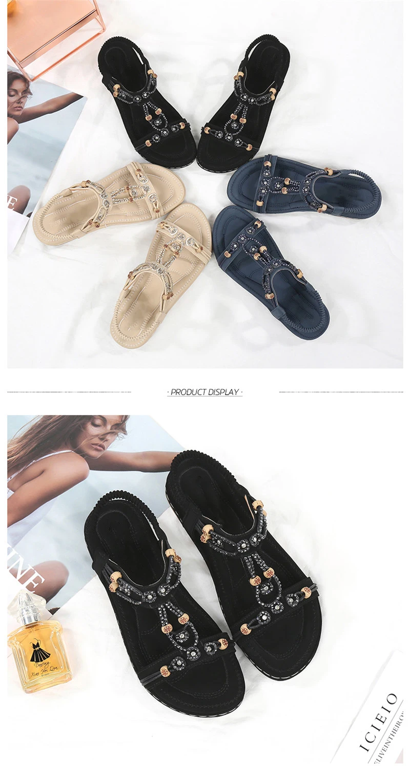 MVVJKE Women Sandals New Flat Sandals Women Summer Bohemia Style Rhinestone Comfortable Beach Shoes Women Plus