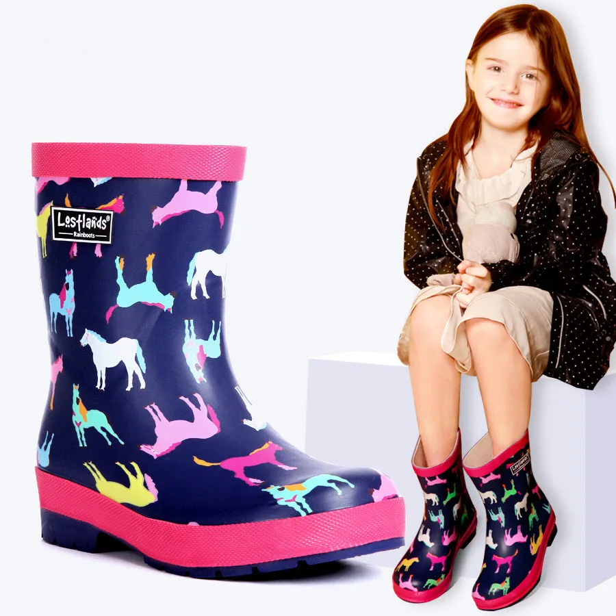 

Children Rainboots rain boot gumboots wellingtons Girl wellies Gum Rubber Waterproof Anti-Skid Overshoes galoshes Colored horses