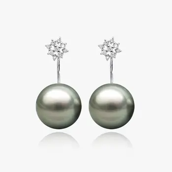 

Free Shipping Gorgeous AAA 10.9mm Silver Green Tahitian Pearl Diamond Earrings 18k White Gold #0207