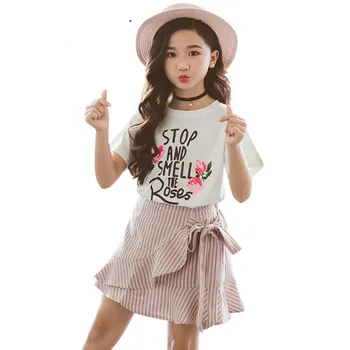 

Summer Girls Clothes Set Floral Shirt+Striped Bow Skirt 2 Pcs Casual Set For Girls Teenage Winter Clothing For Girl 6 8 12 Years