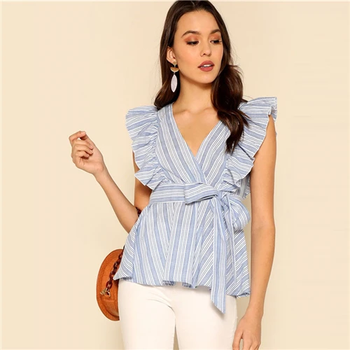 SHEIN Office Lady Summer Elegant Blue Ruffle Detail Belted Striped Top ...